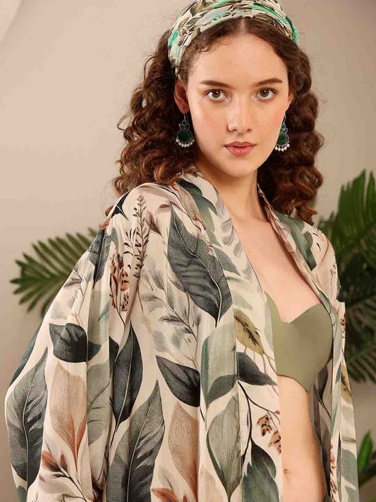 Close-up of Beige Floral beach coverup showing detailed floral print and fabric quality