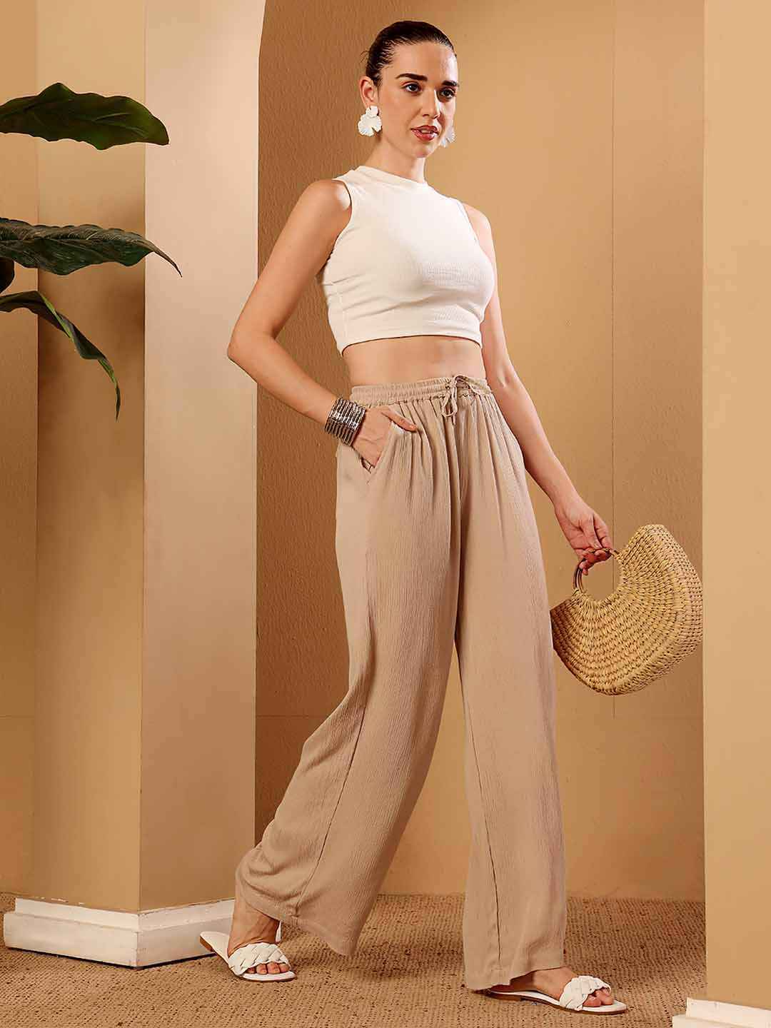 Beige wide leg Viscose Pants