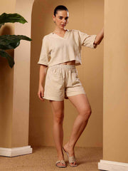 Beige Linen blend resort Co-ord Set