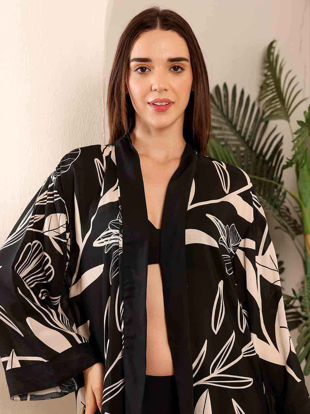 Black Tropical printed Kimono beach Cover Up