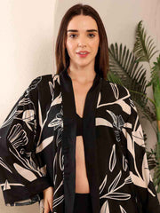 Black Tropical printed Kimono beach Cover Up