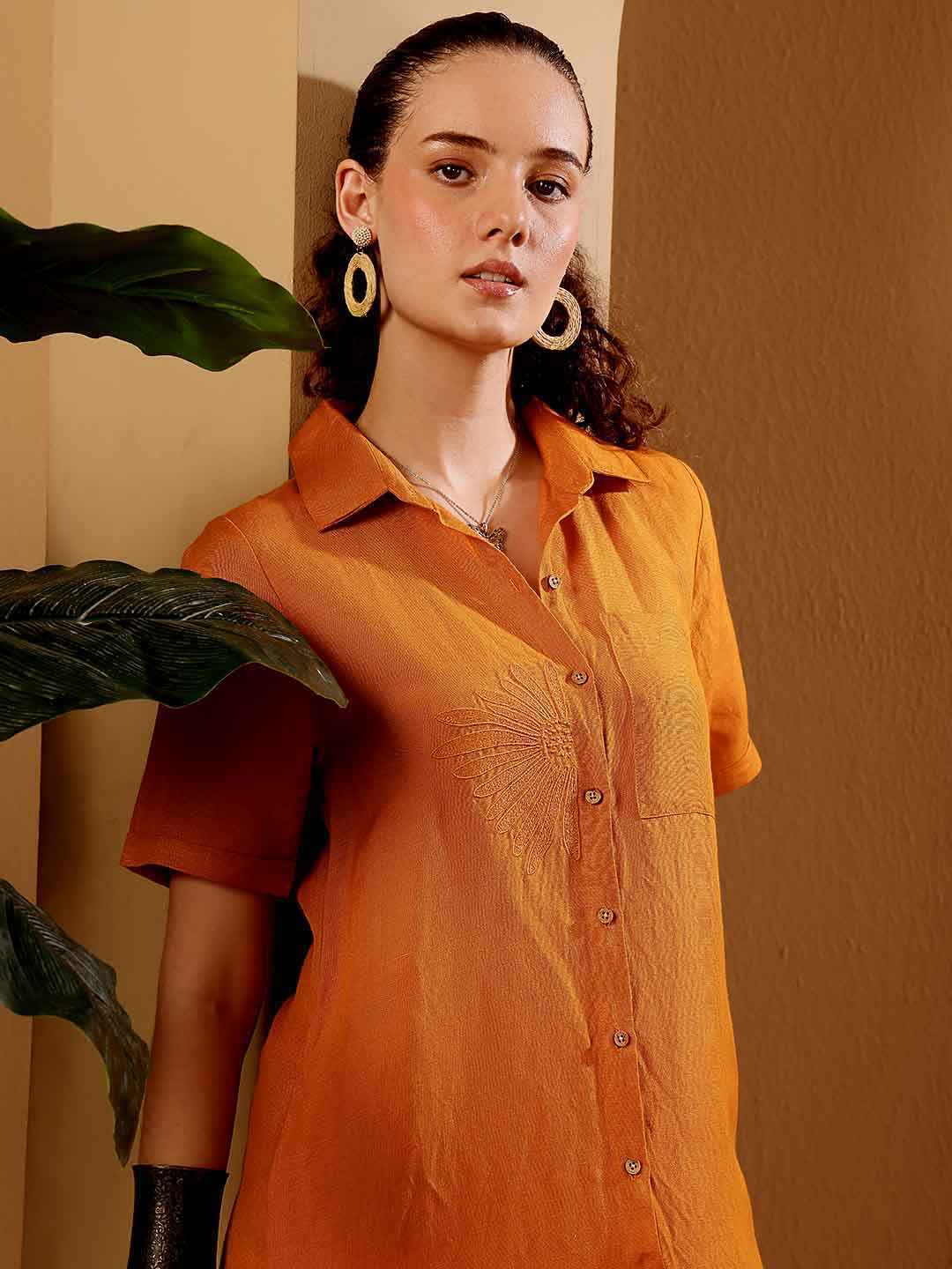 Burnt orange Linen blend Resort Shirt Dress