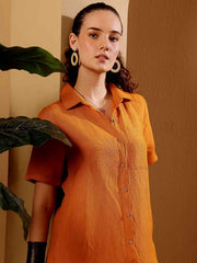 Burnt orange Linen blend Resort Shirt Dress