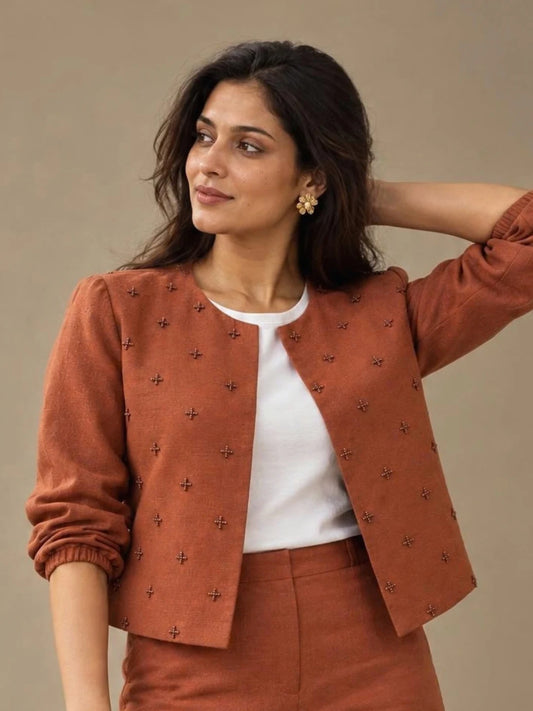 Copper Hour cotton-linen hand-beaded cropped jacket