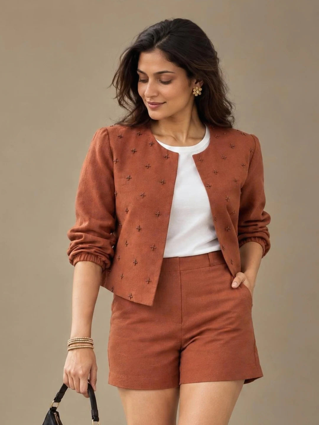 Copper Hour cotton-linen hand-beaded cropped jacket