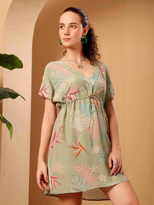 Green Tropical print beach Cover Up