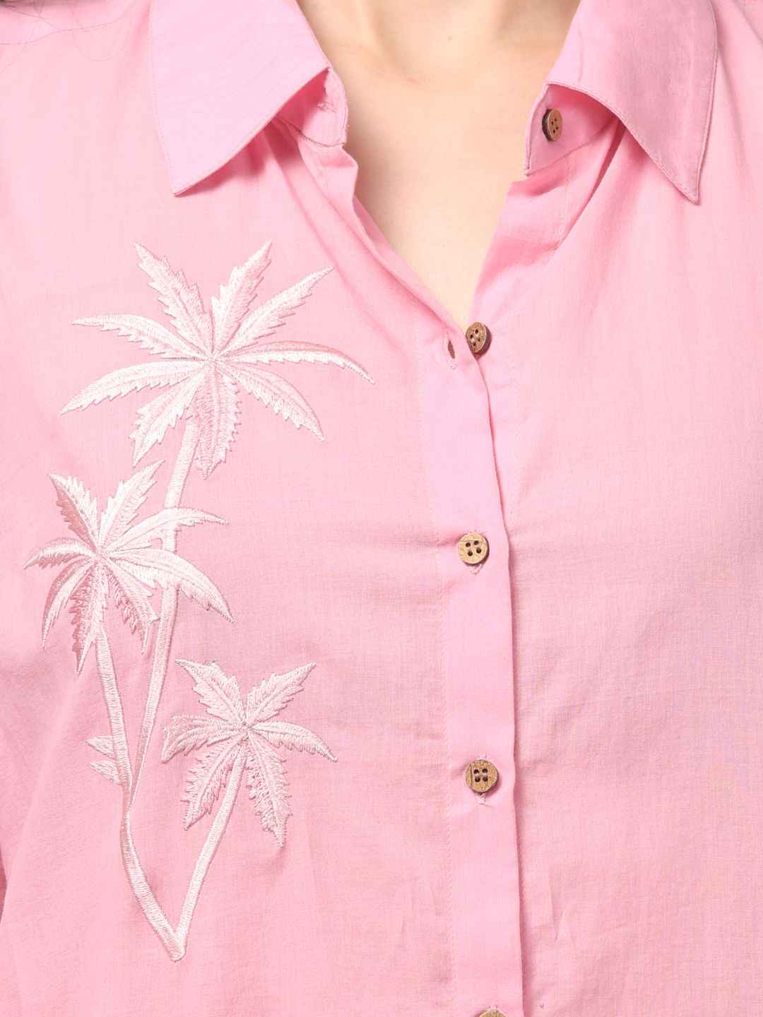 Pink Embroidered Cotton Oversized Beach Shirt