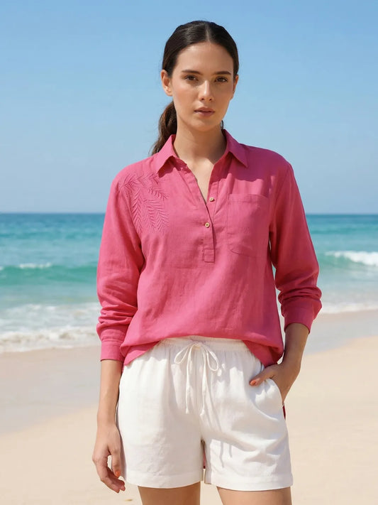 Women wearing Linen Blend summer co-ord set - pink beach shirt with Embroidery and White Shorts with drawstring and pockets