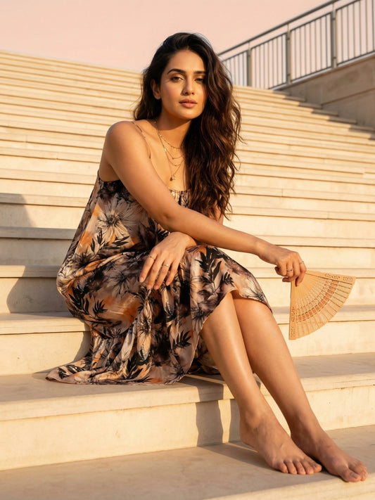 Woman in a floral dress sitting on steps outdoors