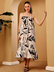 Front view of tropical printed resort maxi dress displaying the silhouette and print clearly