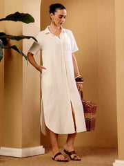 White Linen Blend Resort Shirt Dress