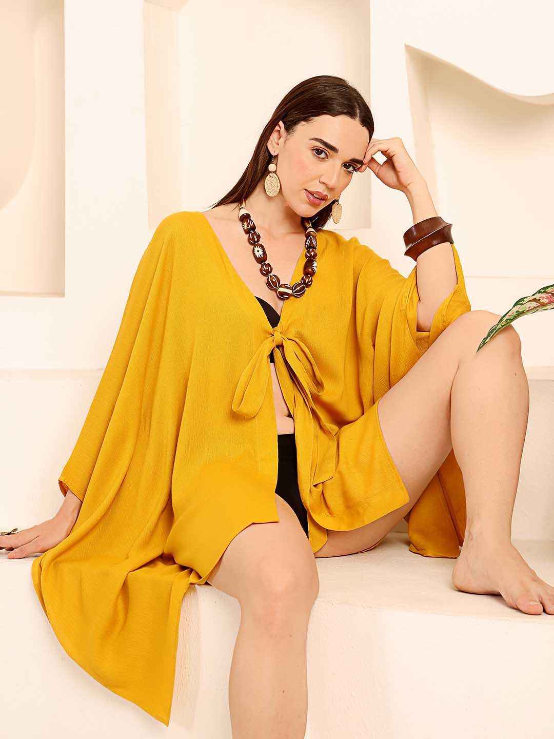 Mustard Embroidered Viscose Beach Cover Up - Eliaki