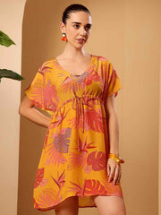 Yellow tropical print beach coverup