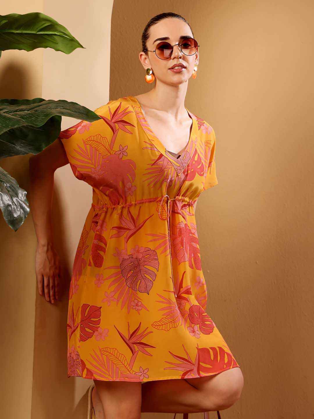 Yellow tropical print beach coverup