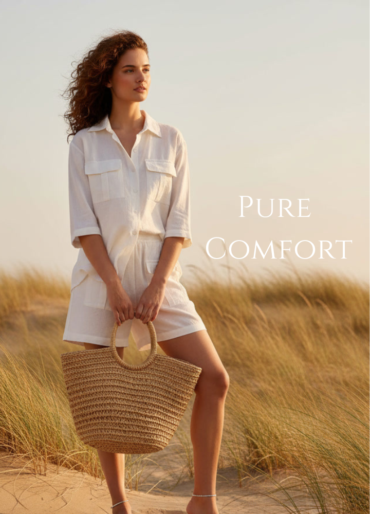 Woman in a white outfit holding a woven bag on a beach with 'PURE COMFORT' text.