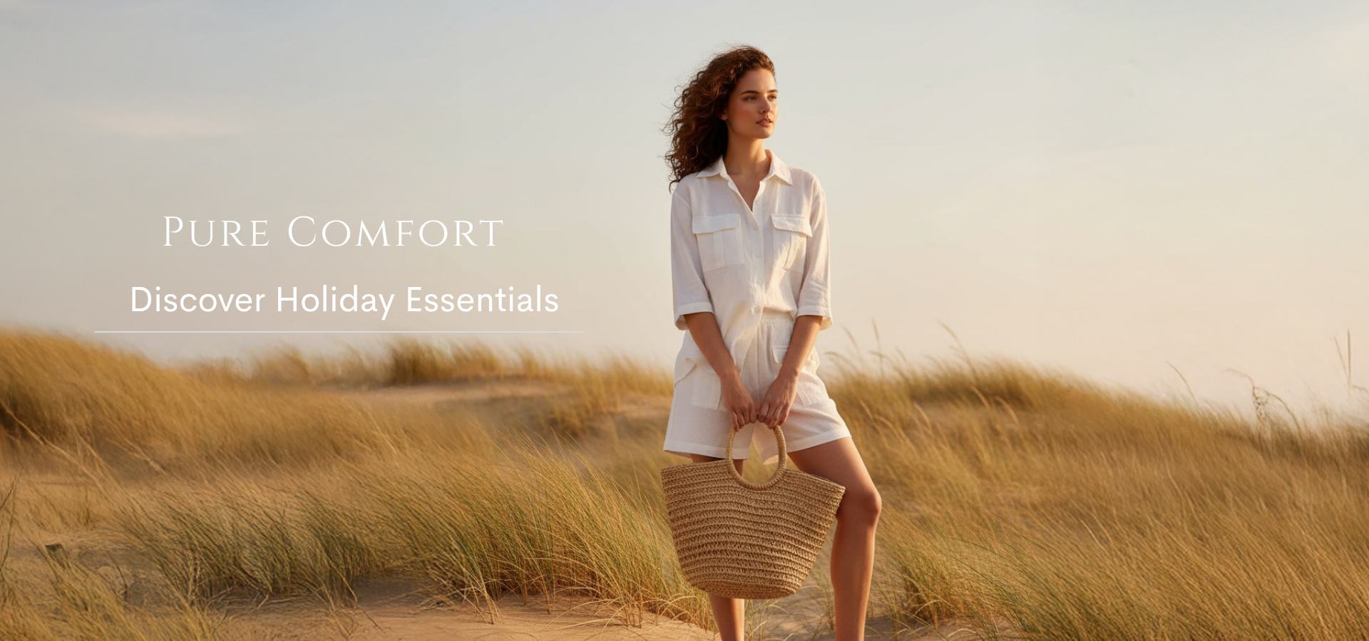 Woman standing in a field wearing white co-ord set with double pocket