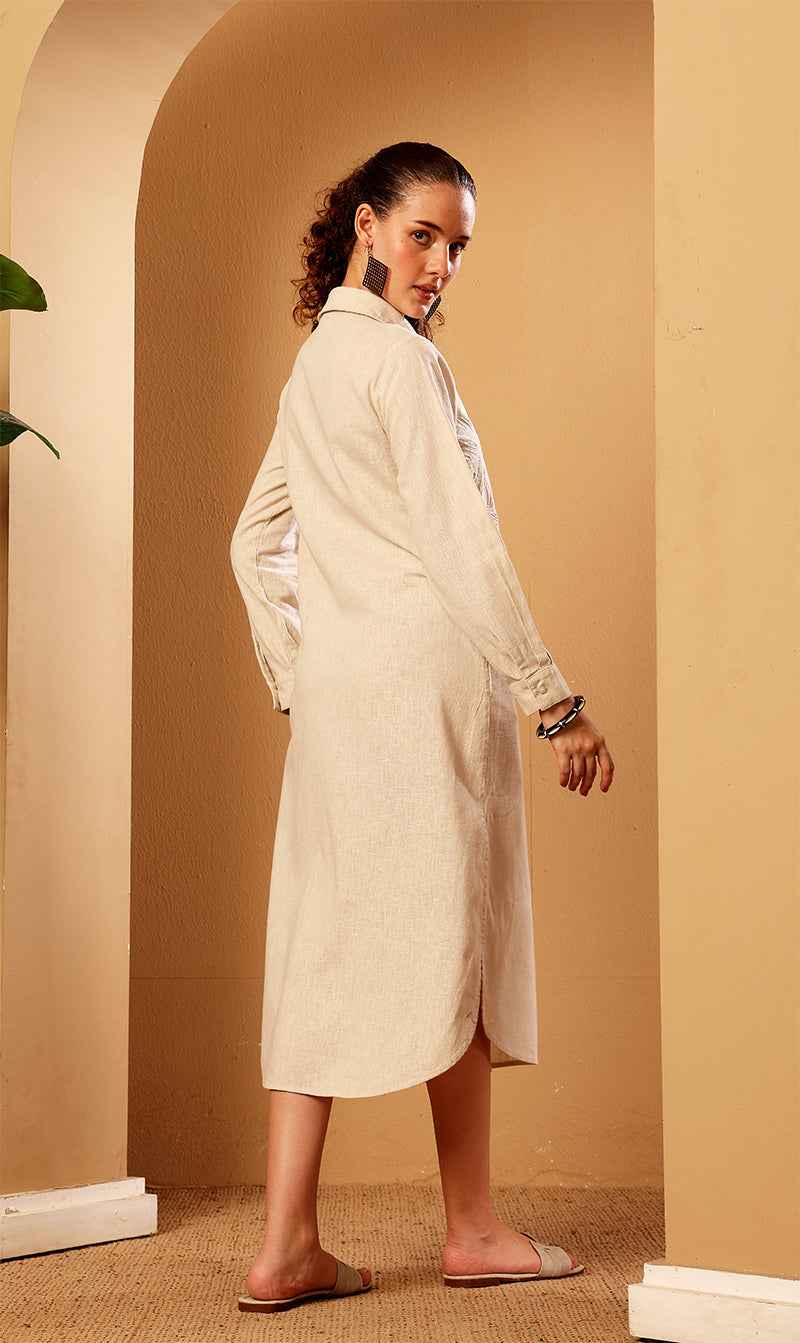 Beige Embroidered Linen Blend Shirt Dress
