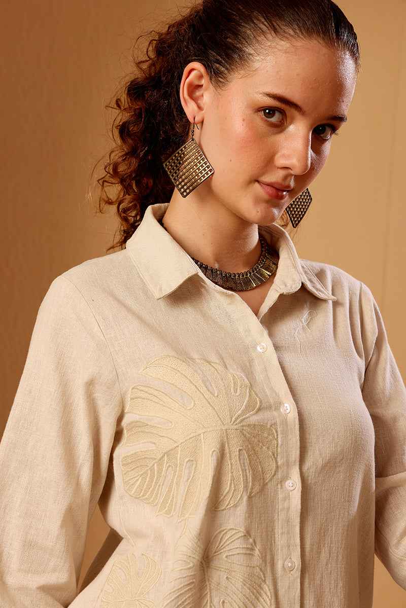 Beige Embroidered Linen Blend Shirt Dress