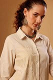 Beige Embroidered Linen Blend Shirt Dress