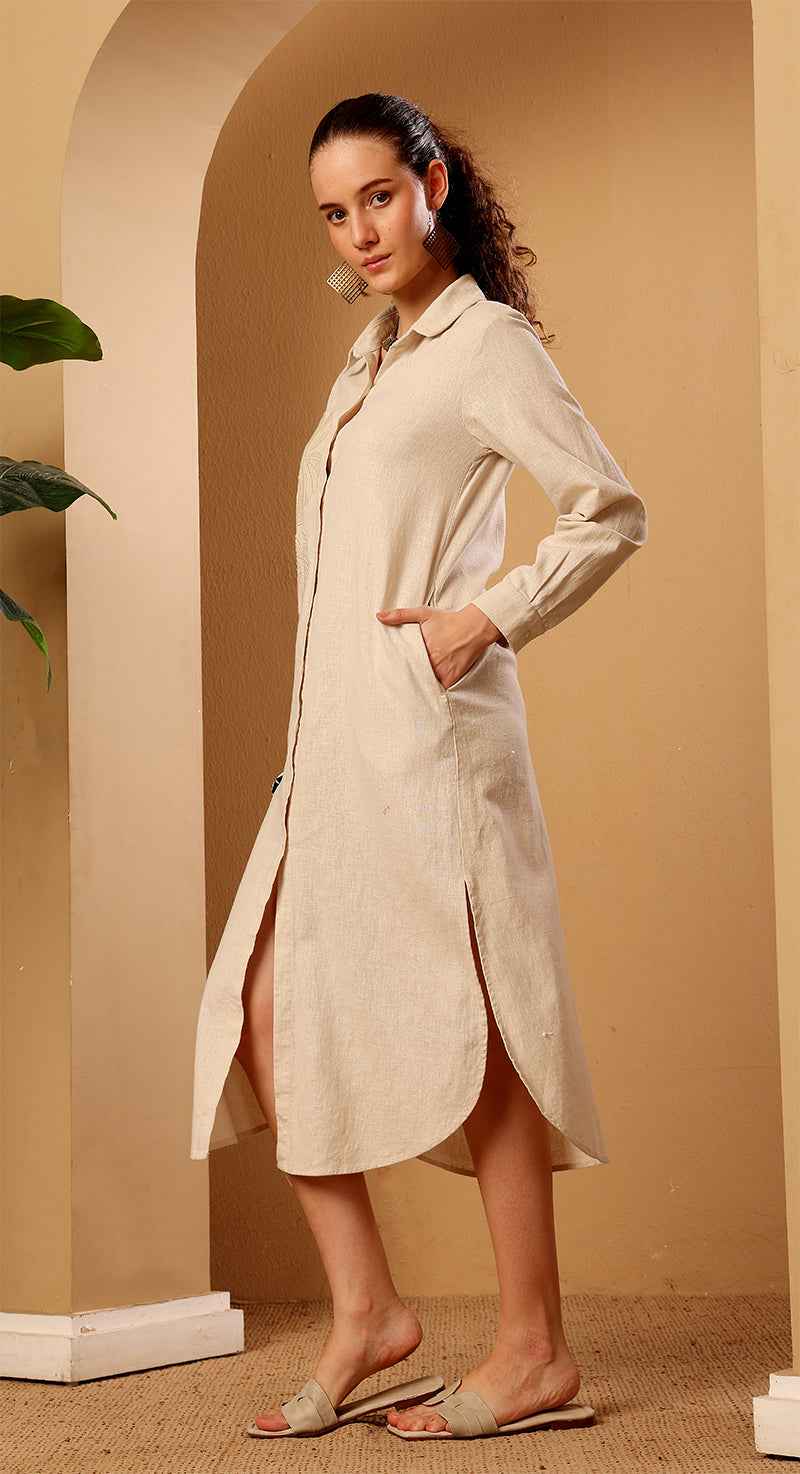 Beige Embroidered Linen Blend Shirt Dress