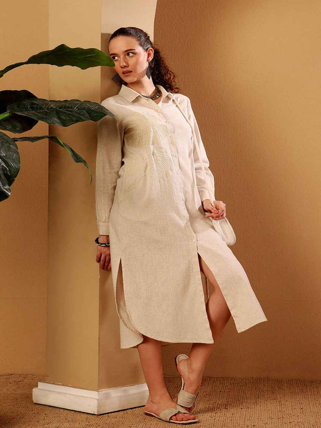 Beige Embroidered Linen Blend Shirt Dress