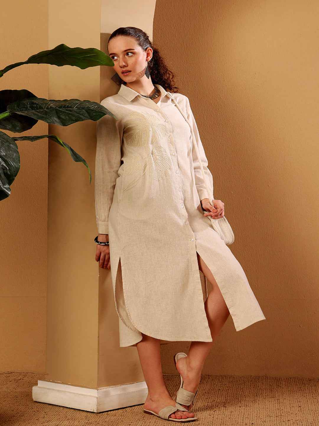 Beige Embroidered Linen Blend Shirt Dress