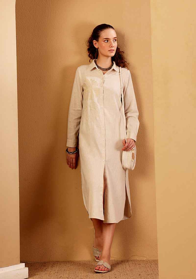 Beige Embroidered Linen Blend Shirt Dress