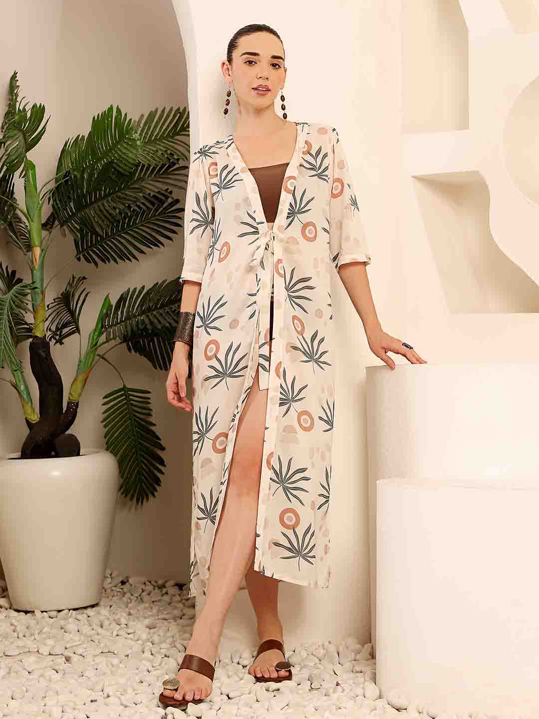Front view of Beige printed Long beach coverup showcasing the full silhouette and detailing