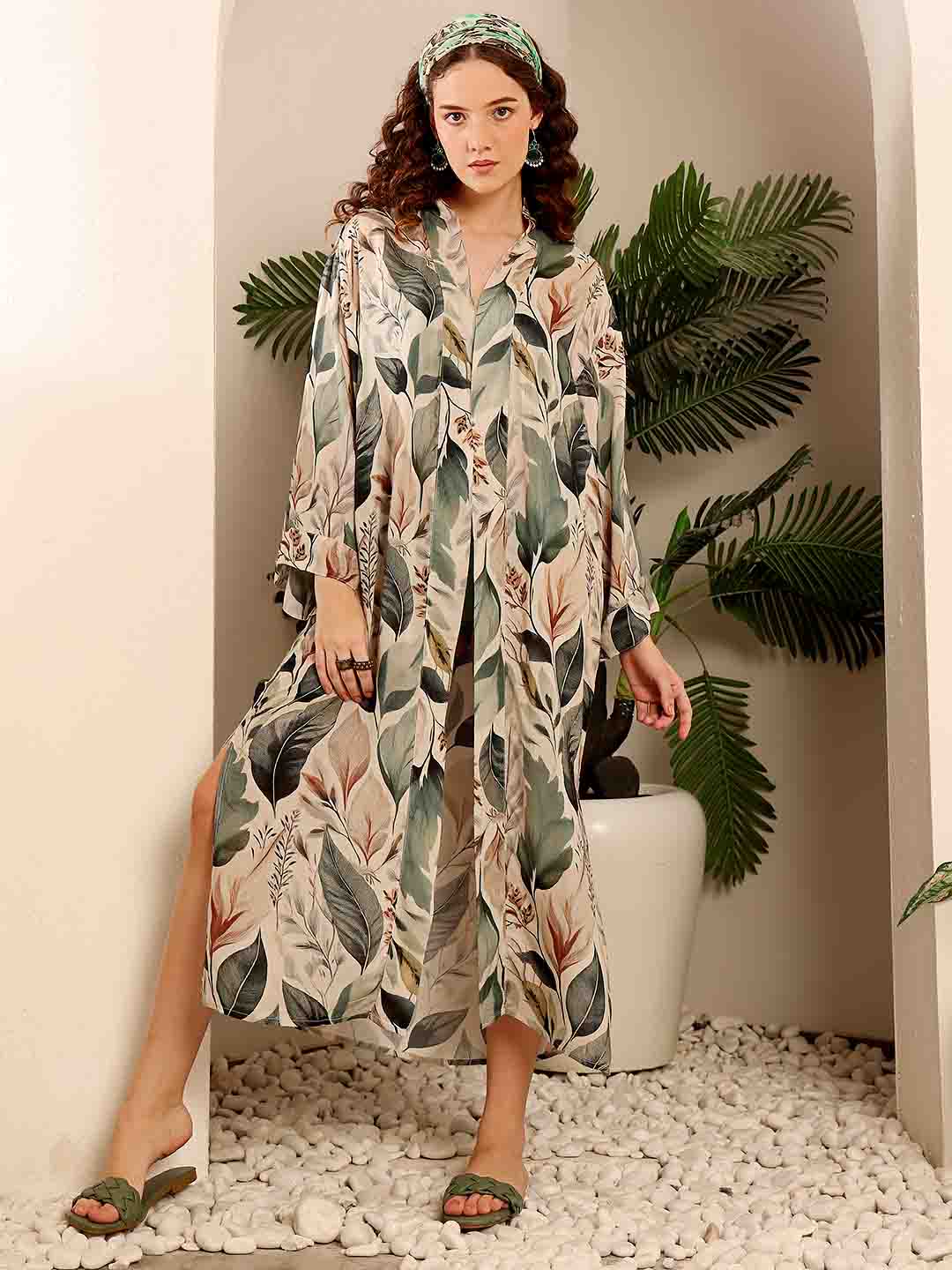 Front view of Beige Floral beach coverup showing the full printed beach coverup in soft fabric