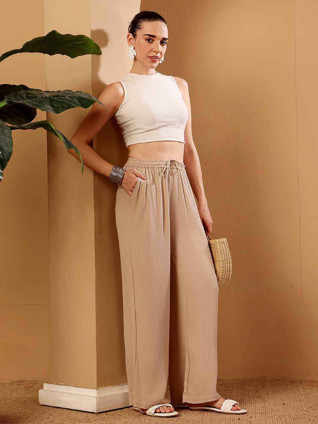 Beige wide leg Viscose Pants