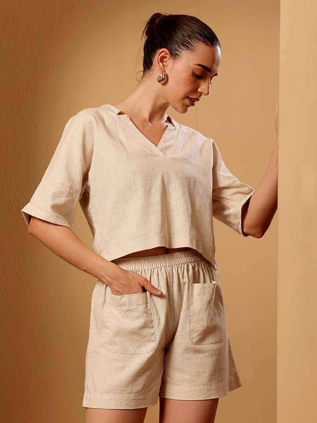 Beige Linen blend resort Co-ord Set
