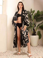 Front view of Black Floral beach coverup showing the full printed beach coverup in soft fabric