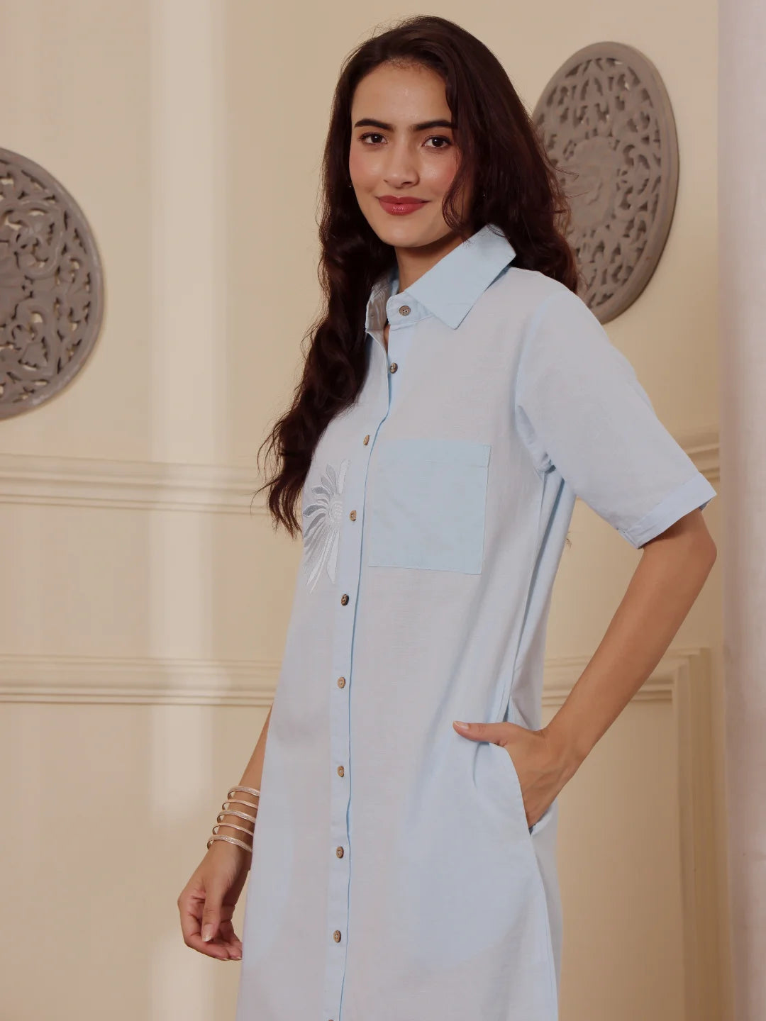 shirt dress cotton linen BLTIBY Cotton Linen Shirt Dress for Womens Pleated Button Long Dress Long Sleeve A-line Loose Swing Dress with Pockets Army Green L, Women's, Size: