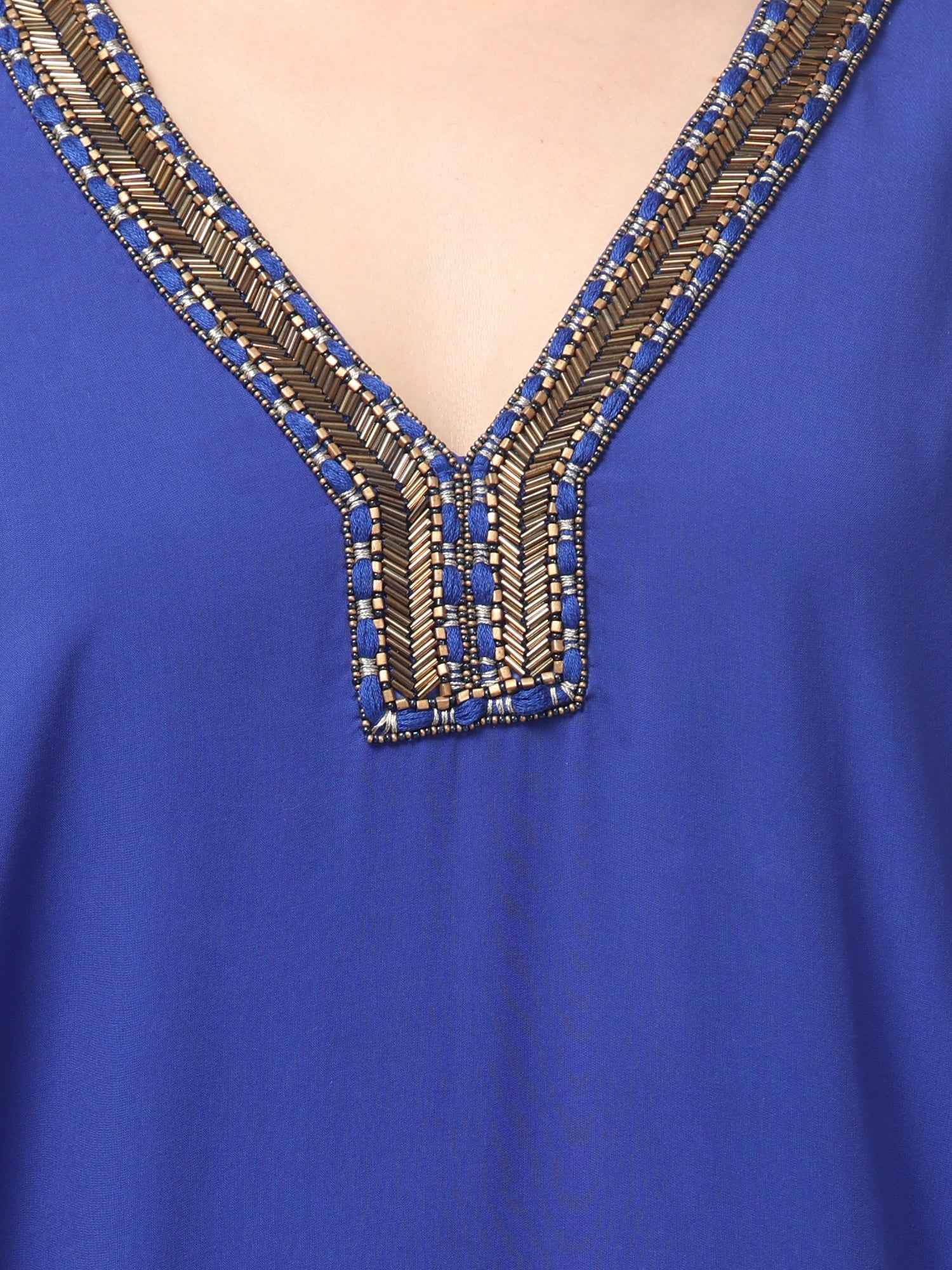 Eliaki Royal Blue Beaded V-Neck Kaftan Dress