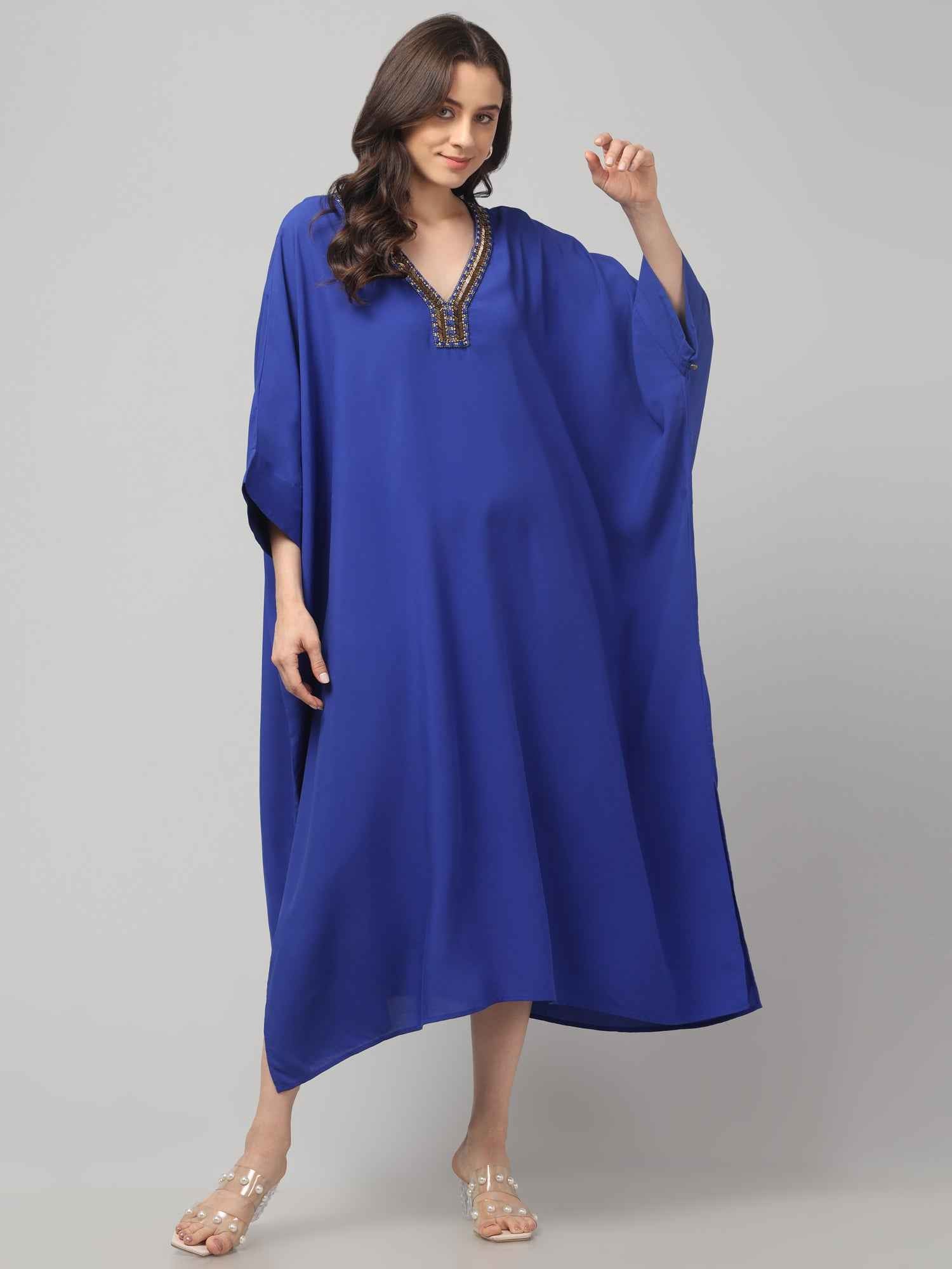 Eliaki Royal Blue Beaded V-Neck Kaftan Dress