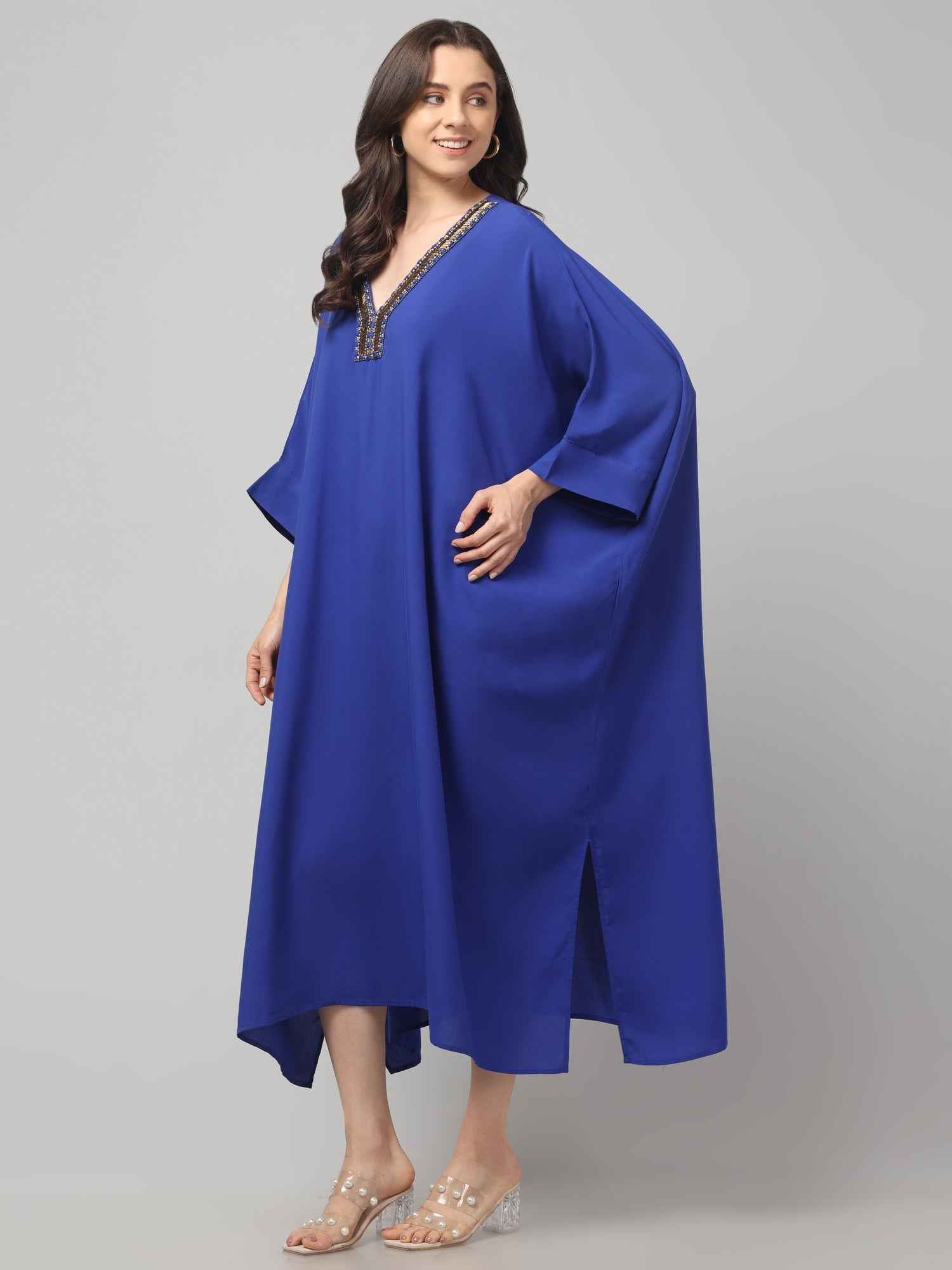 Eliaki Royal Blue Beaded V-Neck Kaftan Dress