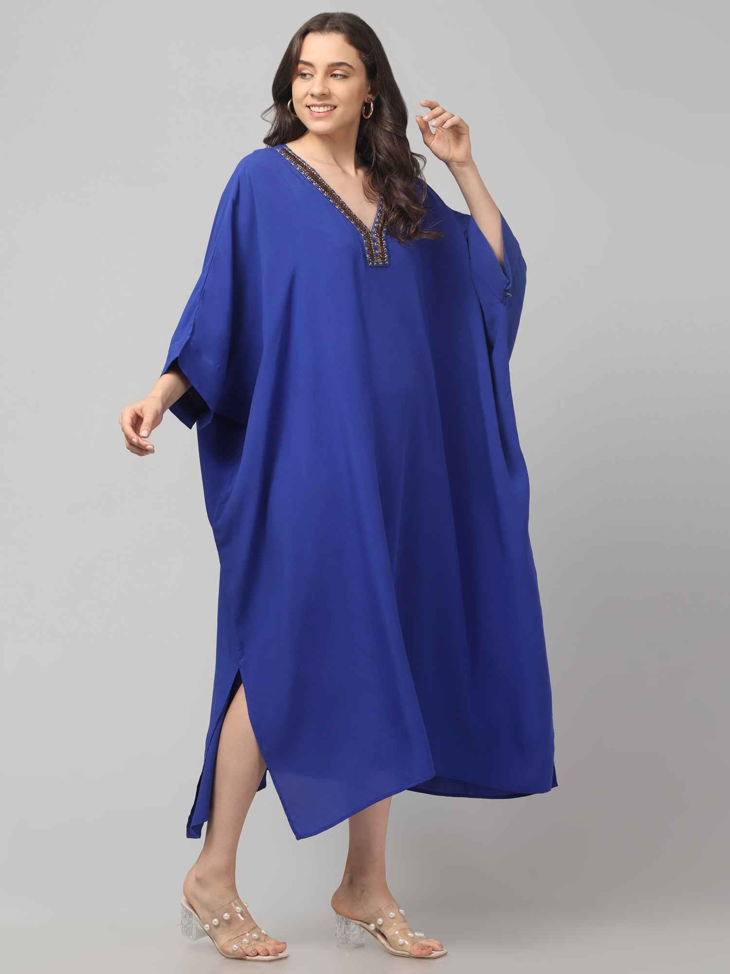 Eliaki Royal Blue Beaded V-Neck Kaftan Dress
