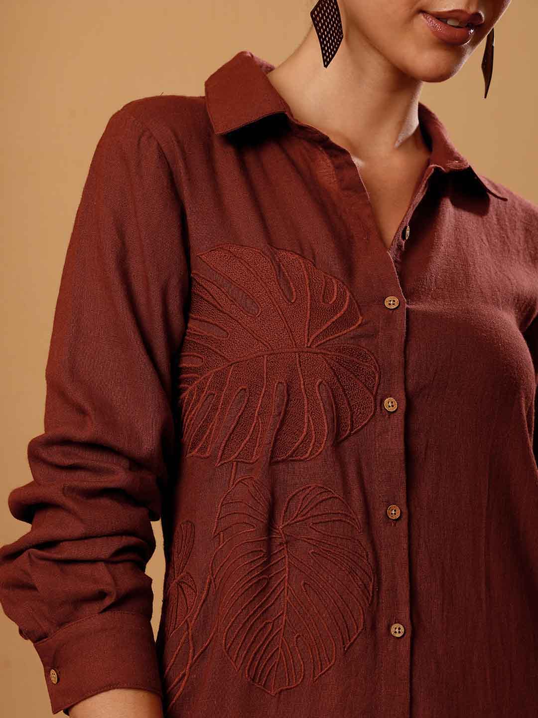 Front close-up of Brown resort dress Shirt showing intricate embroidery, fabric and neckline detail