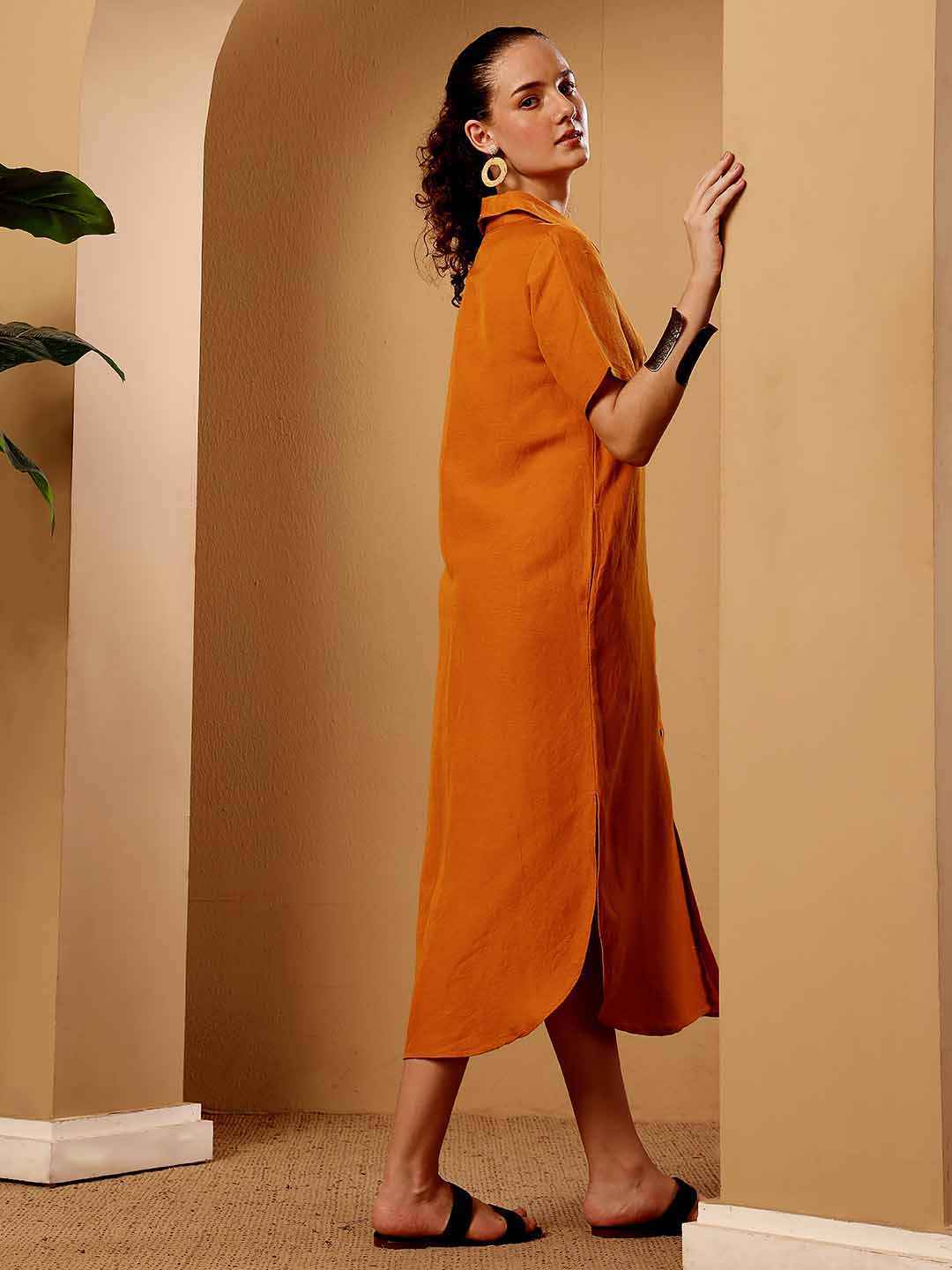 Burnt orange Linen blend Resort Shirt Dress