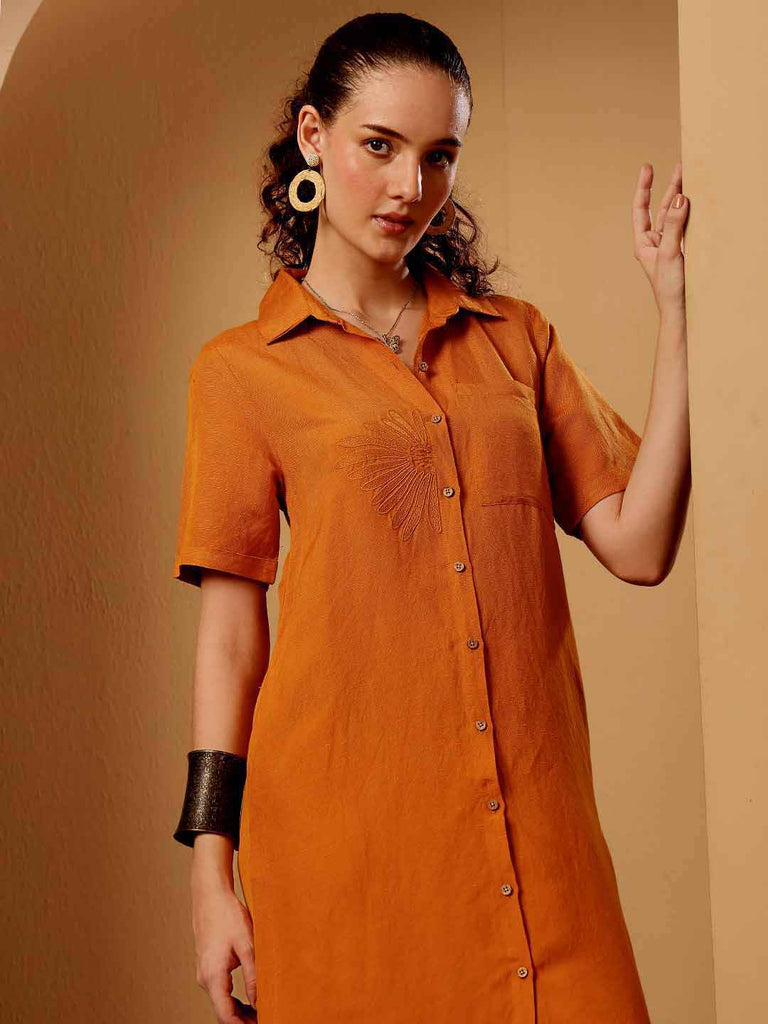 orange button dress 100% Cotton Orange Floral Button Front Midi Dress - All Dresses