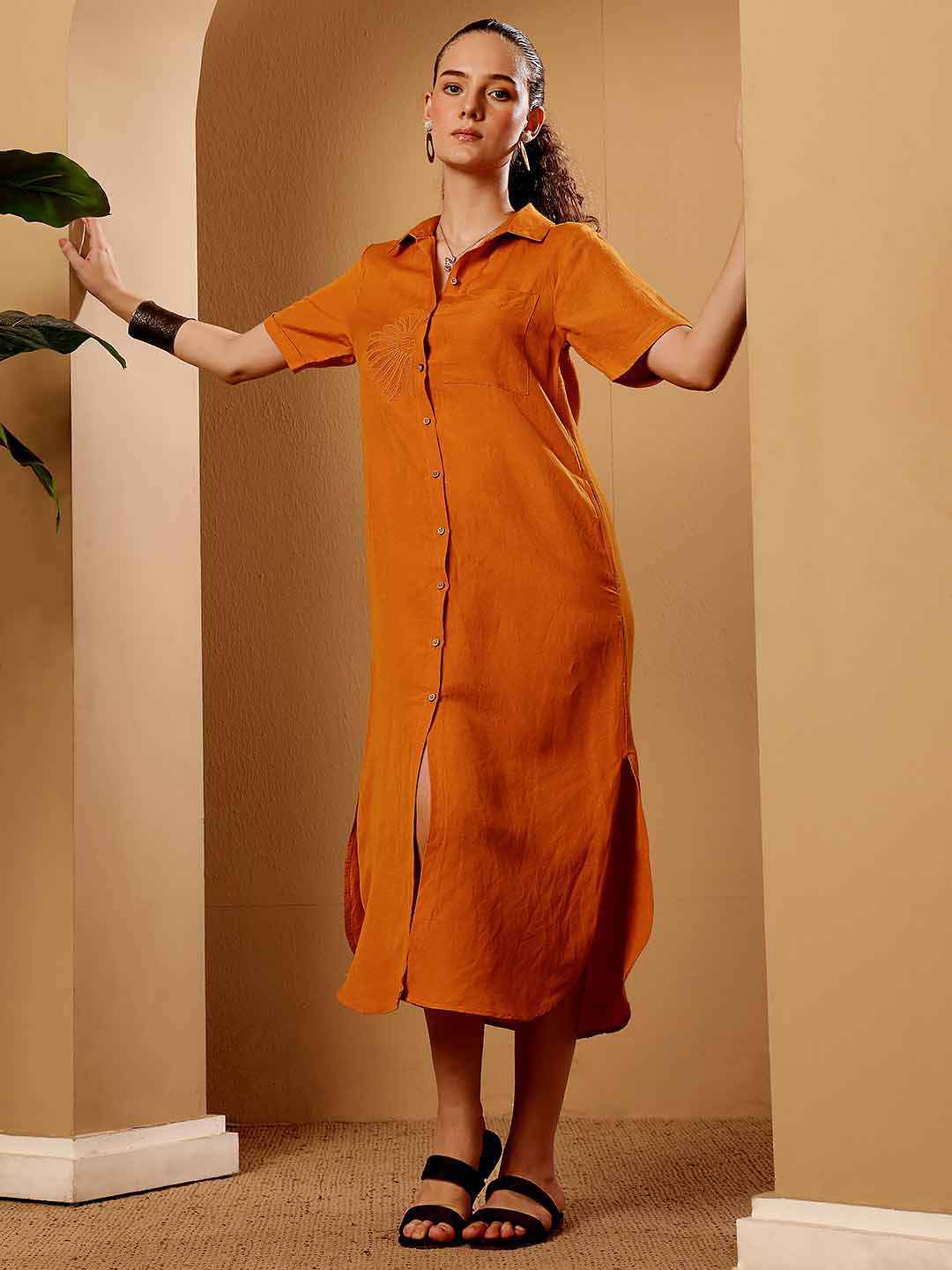 Burnt orange Linen blend Resort Shirt Dress