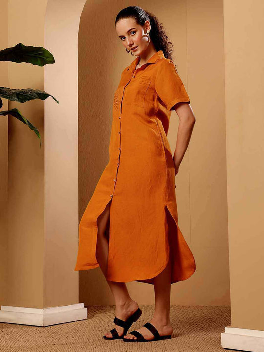 Burnt orange Linen blend Resort Shirt Dress