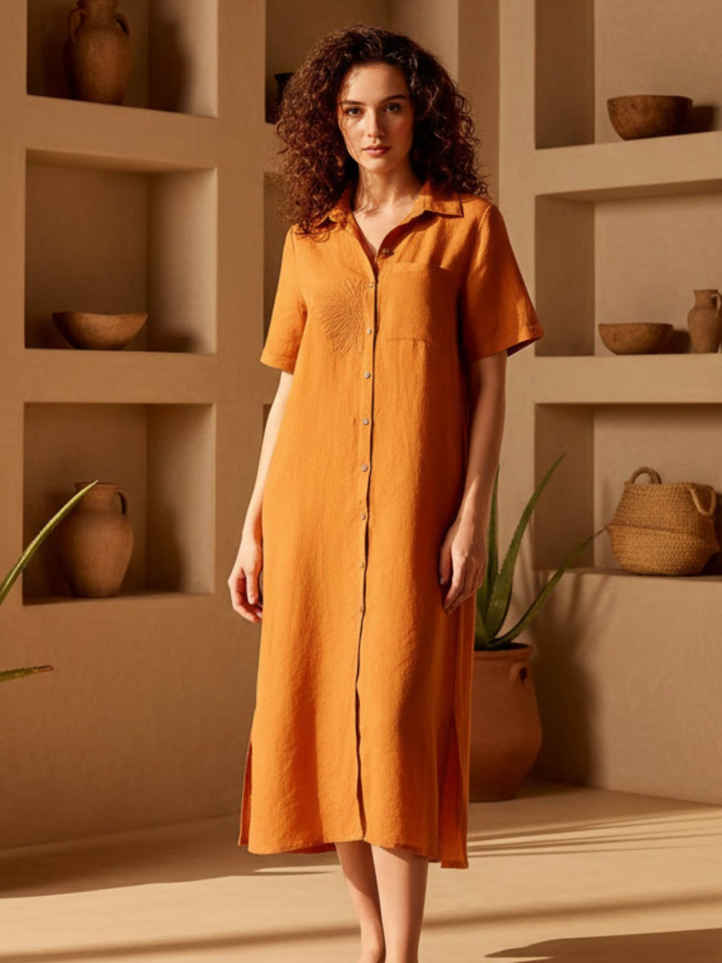 Woman wearing an orange dress standing in a room with shelves and plants.