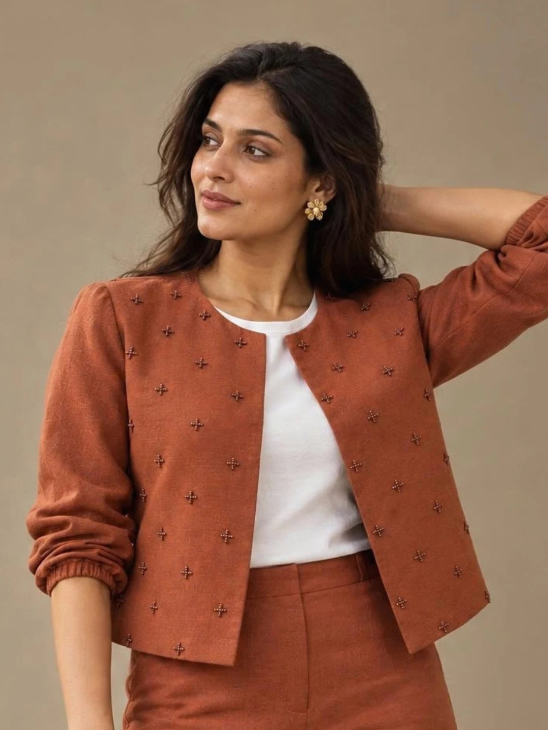 Copper Hour cotton-linen hand-beaded cropped jacket