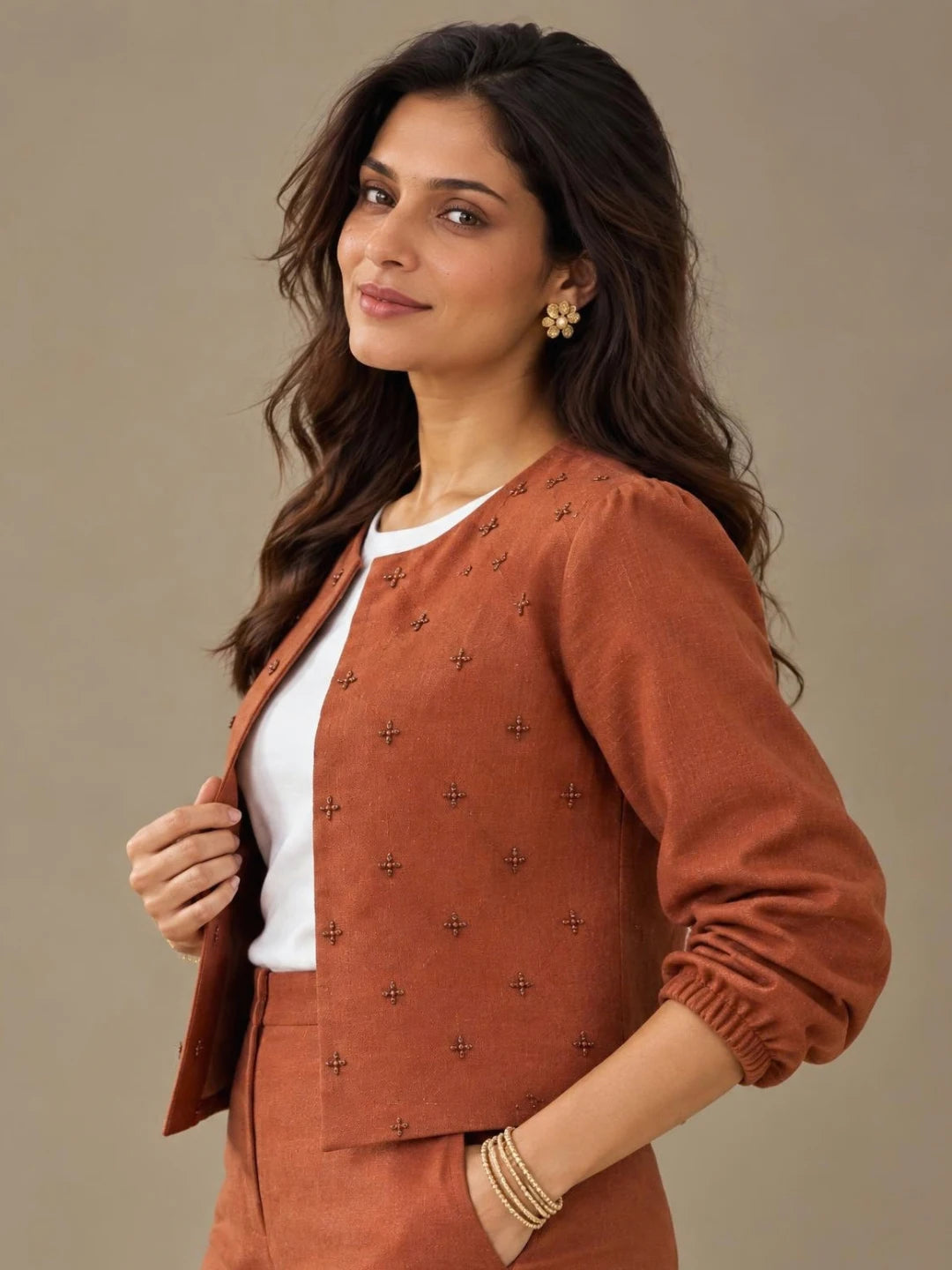Copper Hour cotton-linen hand-beaded cropped jacket