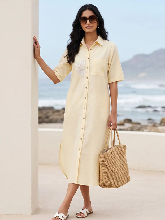 Light Yellow Linen Blend Vacation Shirt Dress Light Yellow Linen Blend Vacation Shirt Dress