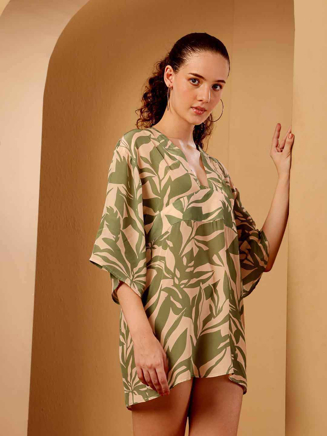 Green Tropical Printed Viscose Cover Up
