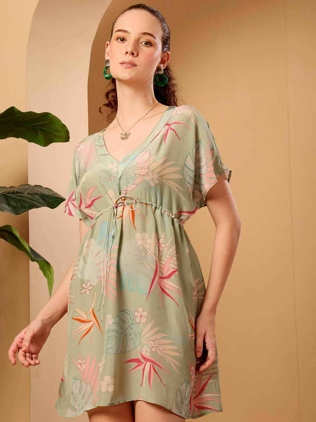 Green Tropical print beach Cover Up