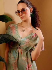 Green Tropical print beach Cover Up