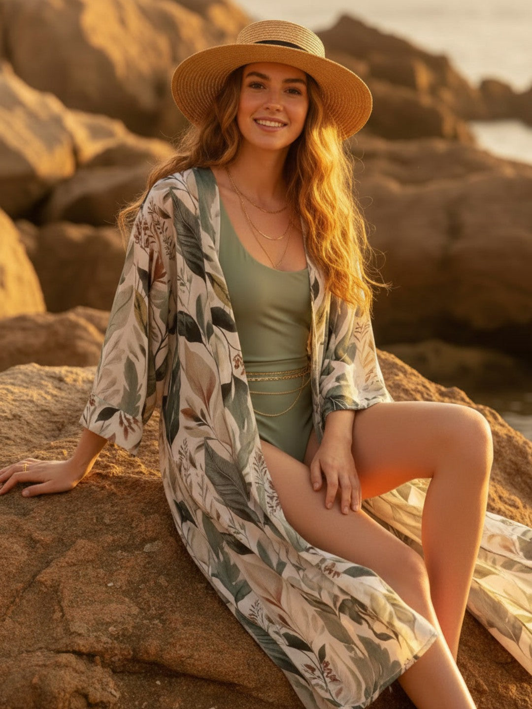 Woman in a swimsuit and kimono sitting on rocks with a scenic background